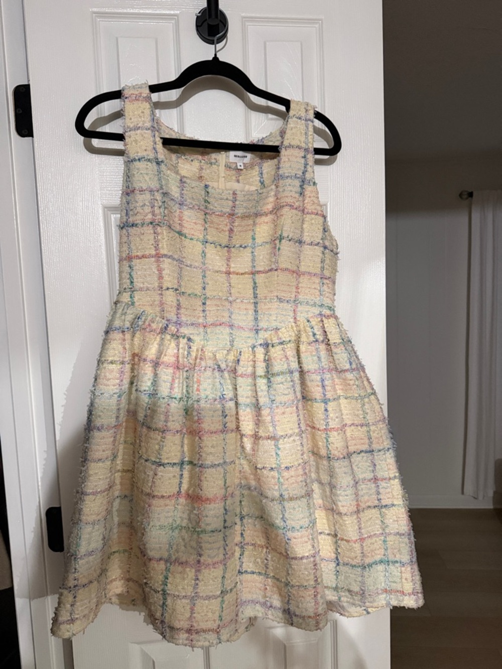 AUREUM Cream Plaid Tweed Mini Dress with Pastel Checks
